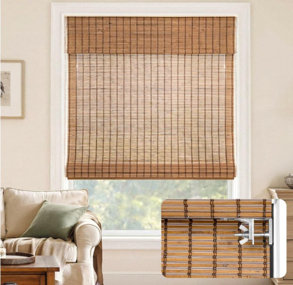 LazBlinds No-Drill Cordless Roman Shade - Light Filtering Natural Wood
